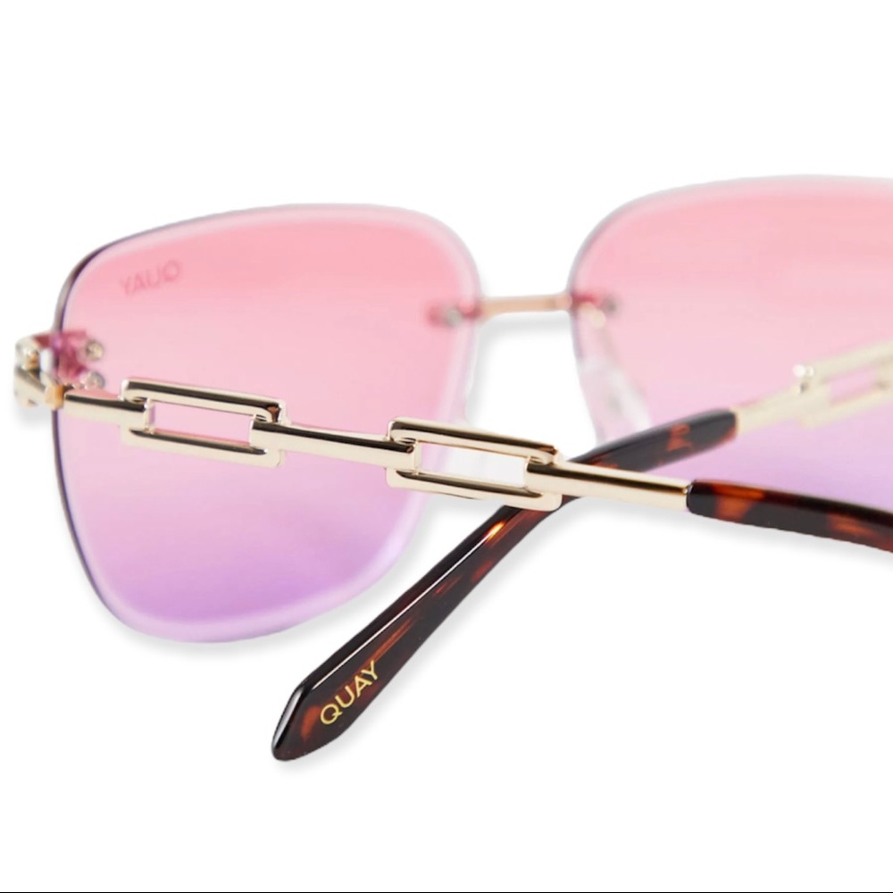 QUAY No Cap Sunglasses Gold Frame Pink Coral Fade Lens Oversized Rimless Chain - Picture 11 of 15